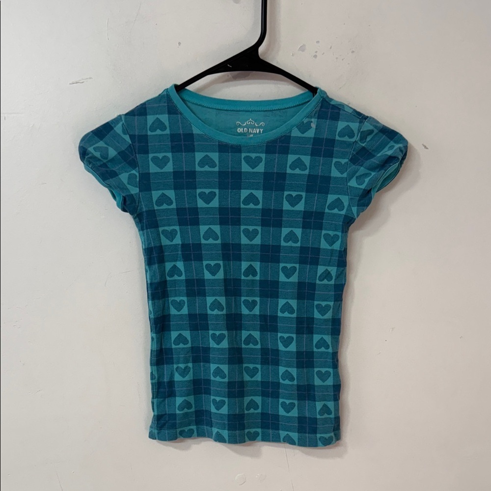 Old Navy Teal Plaid Heart Short Sleeve Tee y2k 2010